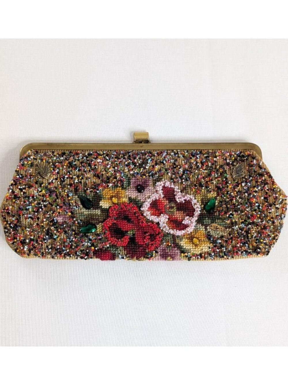 VTG Beaded Floral Soure Clasp Closure Clutch Top Closure Bag